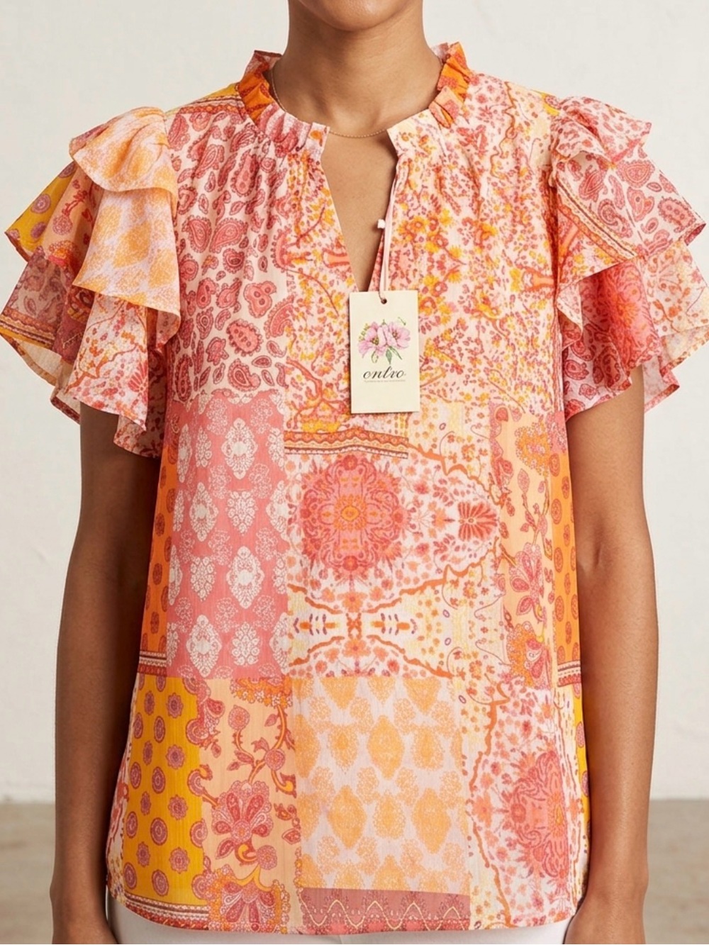 entro Pink & Yellow Patchwork Flutter-Sleeve Blouse